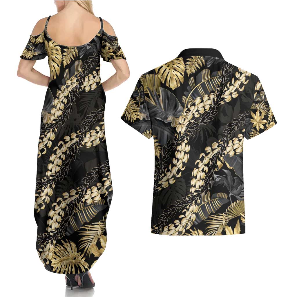 Gold Tropical Leaves Hawaii Mikioi Lei Couples Matching Summer Maxi Dress and Hawaiian Shirt Luxury Stylized - Polynesian Pride