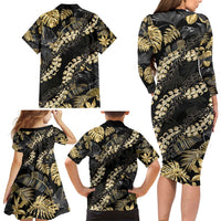 Gold Tropical Leaves Hawaii Mikioi Lei Family Matching Long Sleeve Bodycon Dress and Hawaiian Shirt Luxury Stylized - Polynesian Pride