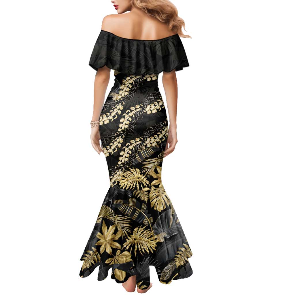 Gold Tropical Leaves Hawaii Mikioi Lei Family Matching Mermaid Dress and Hawaiian Shirt Luxury Stylized - Polynesian Pride