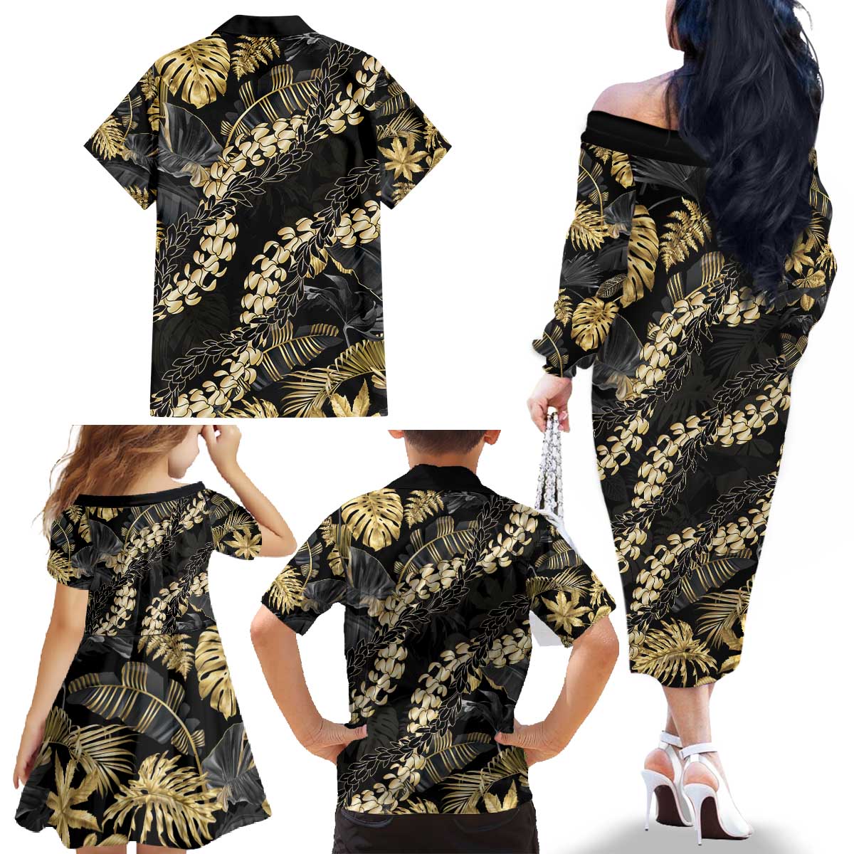 Gold Tropical Leaves Hawaii Mikioi Lei Family Matching Off The Shoulder Long Sleeve Dress and Hawaiian Shirt Luxury Stylized - Polynesian Pride