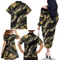 Gold Tropical Leaves Hawaii Mikioi Lei Family Matching Off The Shoulder Long Sleeve Dress and Hawaiian Shirt Luxury Stylized - Polynesian Pride