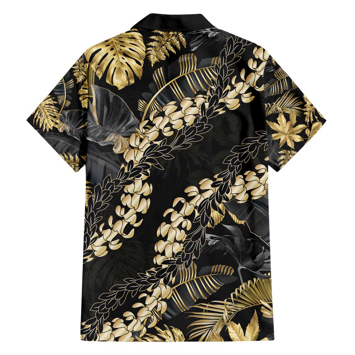 Gold Tropical Leaves Hawaii Mikioi Lei Family Matching Off The Shoulder Long Sleeve Dress and Hawaiian Shirt Luxury Stylized - Polynesian Pride