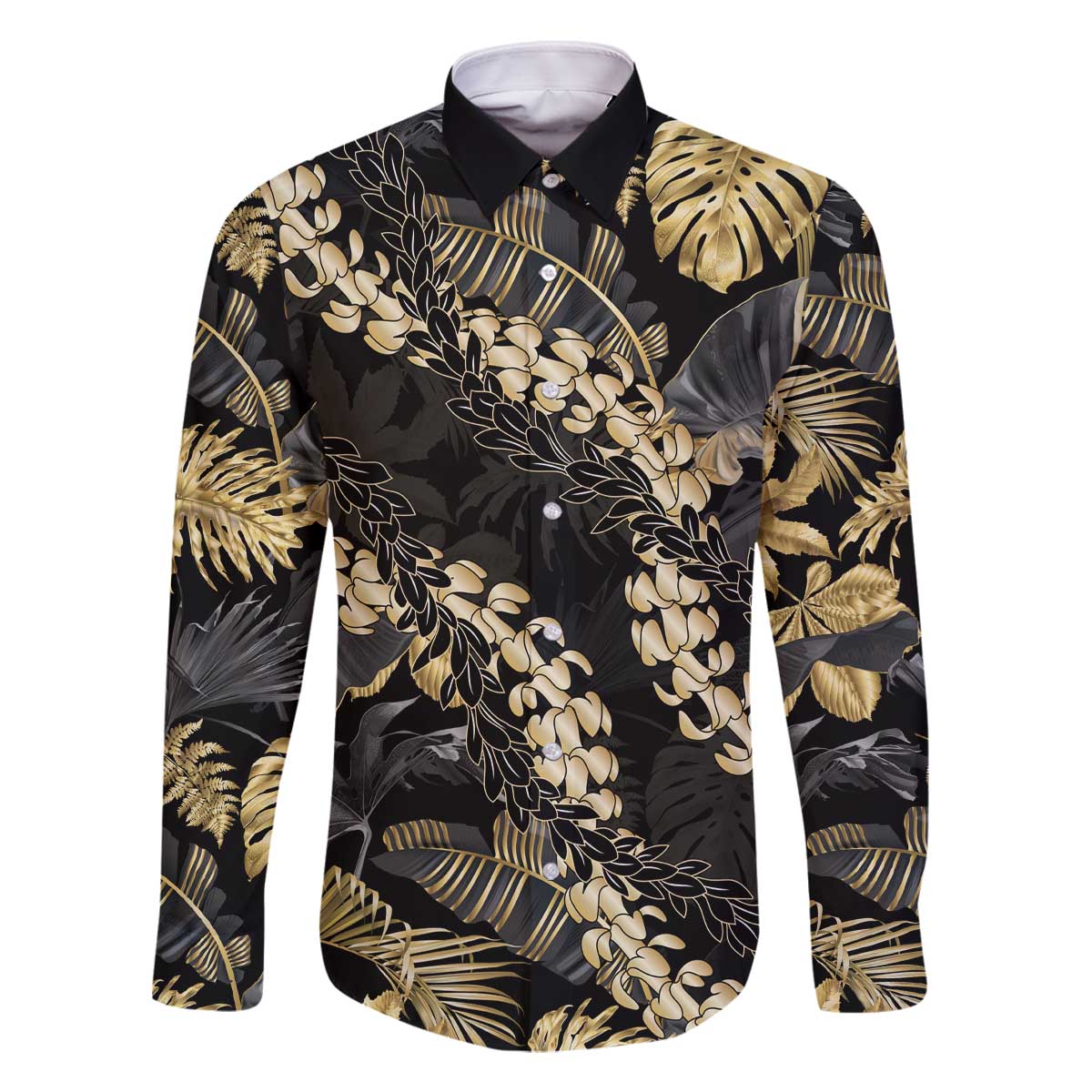 Gold Tropical Leaves Hawaii Mikioi Lei Family Matching Off The Shoulder Long Sleeve Dress and Hawaiian Shirt Luxury Stylized - Polynesian Pride