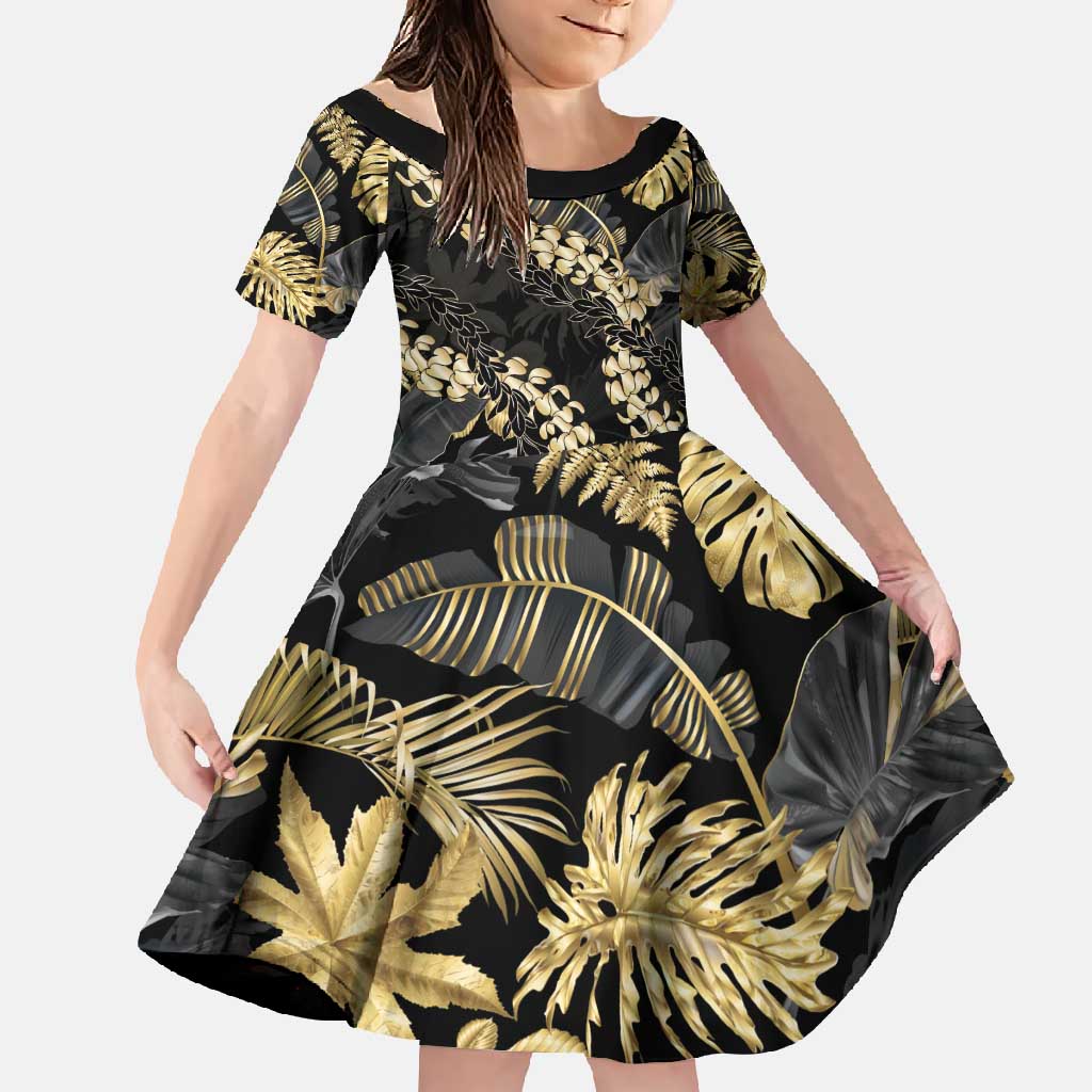 Gold Tropical Leaves Hawaii Mikioi Lei Family Matching Off Shoulder Maxi Dress and Hawaiian Shirt Luxury Stylized - Polynesian Pride