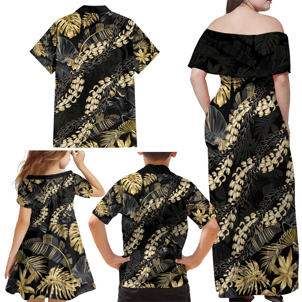 Gold Tropical Leaves Hawaii Mikioi Lei Family Matching Off Shoulder Maxi Dress and Hawaiian Shirt Luxury Stylized - Polynesian Pride