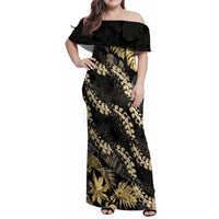 Gold Tropical Leaves Hawaii Mikioi Lei Family Matching Off Shoulder Maxi Dress and Hawaiian Shirt Luxury Stylized - Polynesian Pride