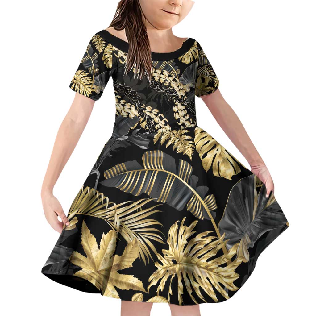 Gold Tropical Leaves Hawaii Mikioi Lei Family Matching Off Shoulder Short Dress and Hawaiian Shirt Luxury Stylized - Polynesian Pride