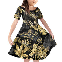 Gold Tropical Leaves Hawaii Mikioi Lei Family Matching Off Shoulder Short Dress and Hawaiian Shirt Luxury Stylized - Polynesian Pride