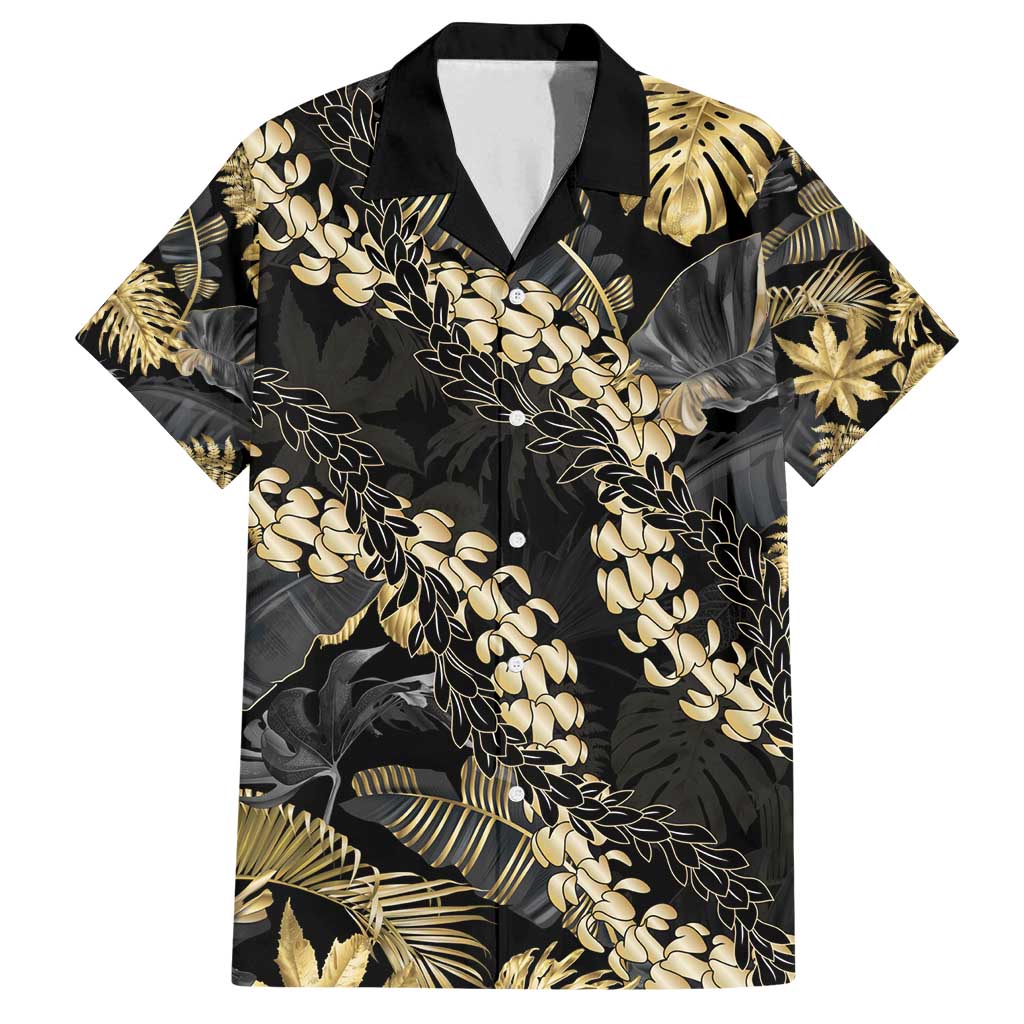 Gold Tropical Leaves Hawaii Mikioi Lei Family Matching Off Shoulder Short Dress and Hawaiian Shirt Luxury Stylized - Polynesian Pride