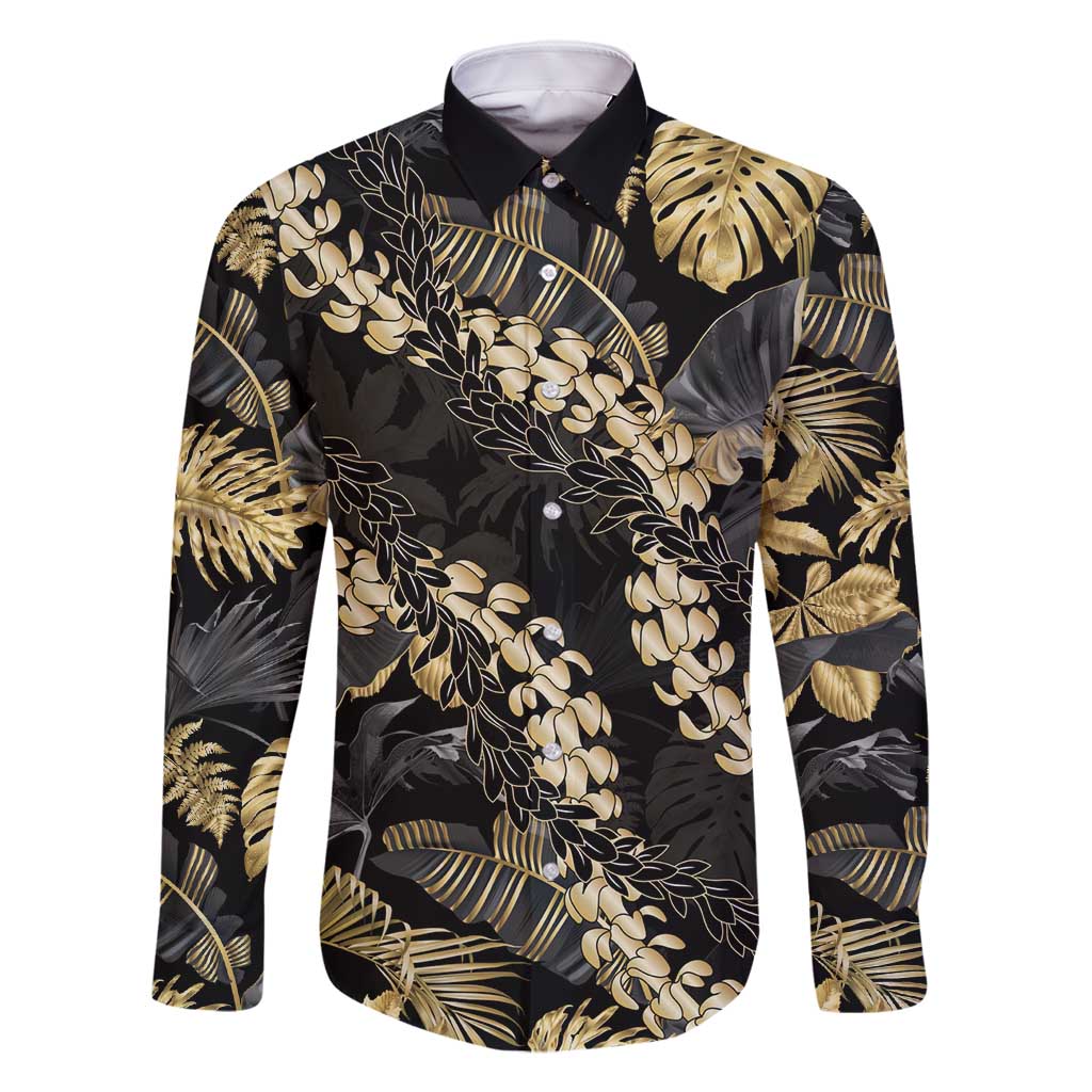 Gold Tropical Leaves Hawaii Mikioi Lei Family Matching Off Shoulder Short Dress and Hawaiian Shirt Luxury Stylized - Polynesian Pride
