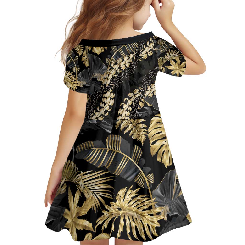 Gold Tropical Leaves Hawaii Mikioi Lei Family Matching Short Sleeve Bodycon Dress and Hawaiian Shirt Luxury Stylized - Polynesian Pride
