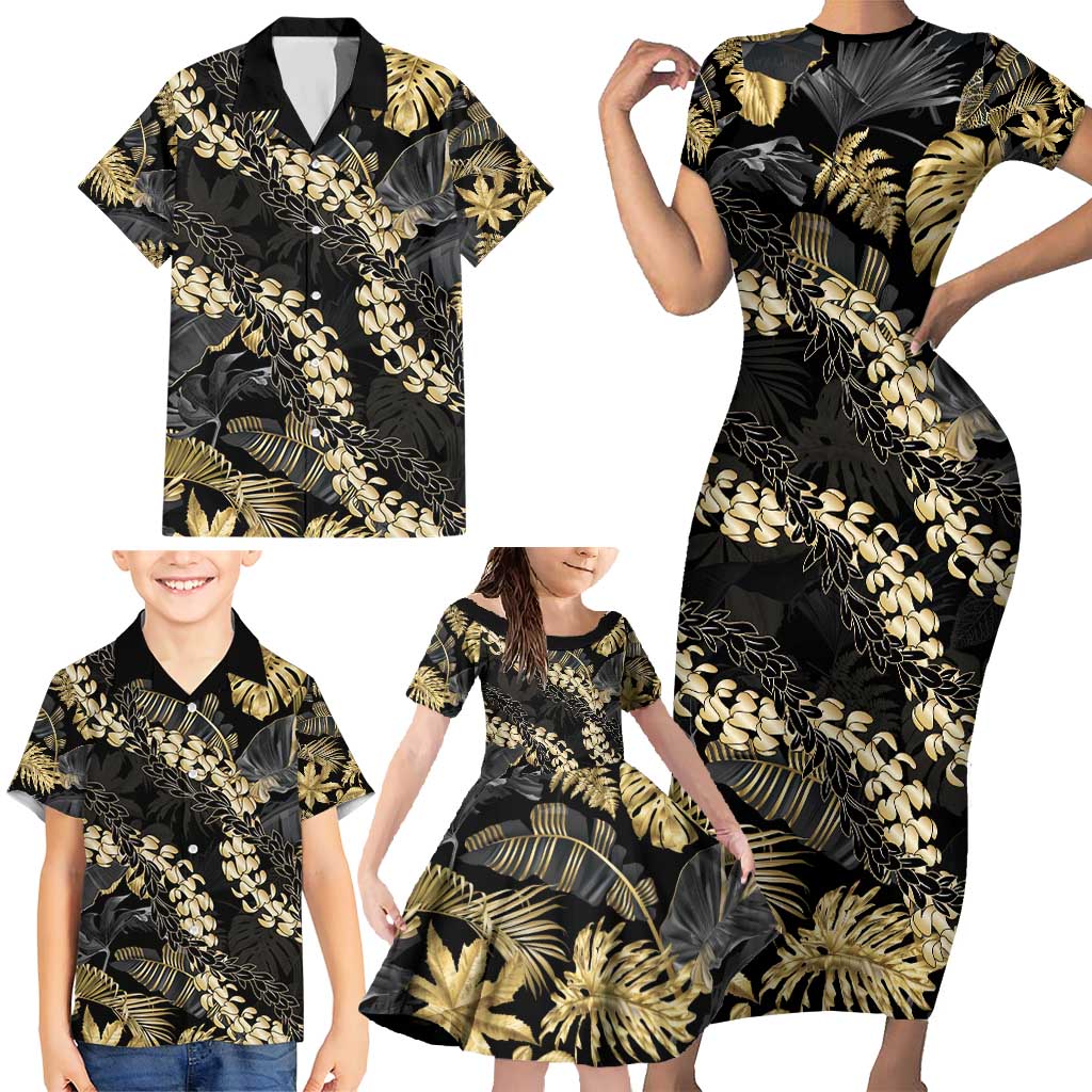 Gold Tropical Leaves Hawaii Mikioi Lei Family Matching Short Sleeve Bodycon Dress and Hawaiian Shirt Luxury Stylized - Polynesian Pride