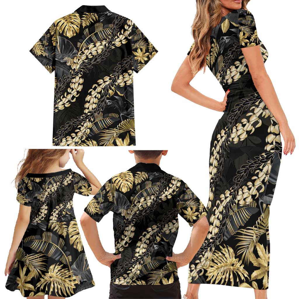 Gold Tropical Leaves Hawaii Mikioi Lei Family Matching Short Sleeve Bodycon Dress and Hawaiian Shirt Luxury Stylized - Polynesian Pride