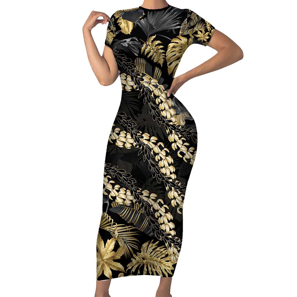 Gold Tropical Leaves Hawaii Mikioi Lei Family Matching Short Sleeve Bodycon Dress and Hawaiian Shirt Luxury Stylized - Polynesian Pride
