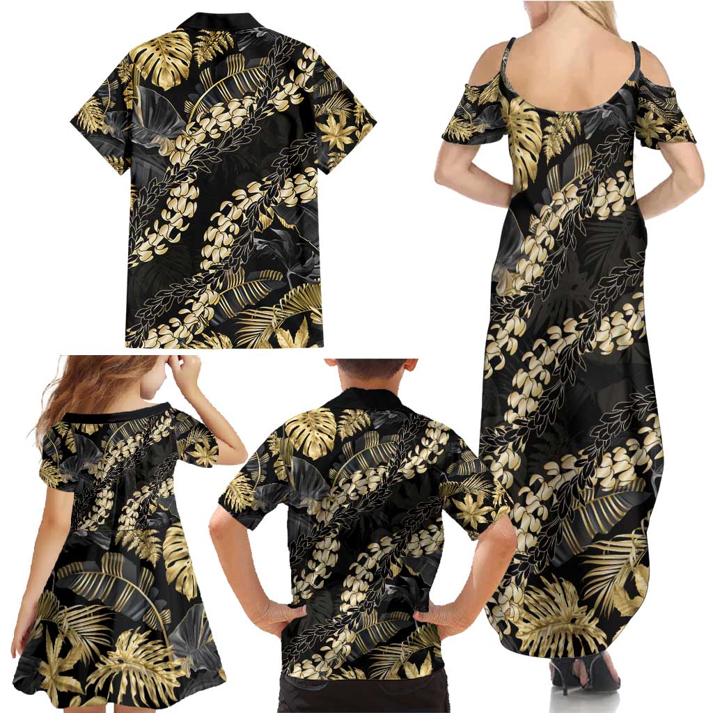 Gold Tropical Leaves Hawaii Mikioi Lei Family Matching Summer Maxi Dress and Hawaiian Shirt Luxury Stylized - Polynesian Pride