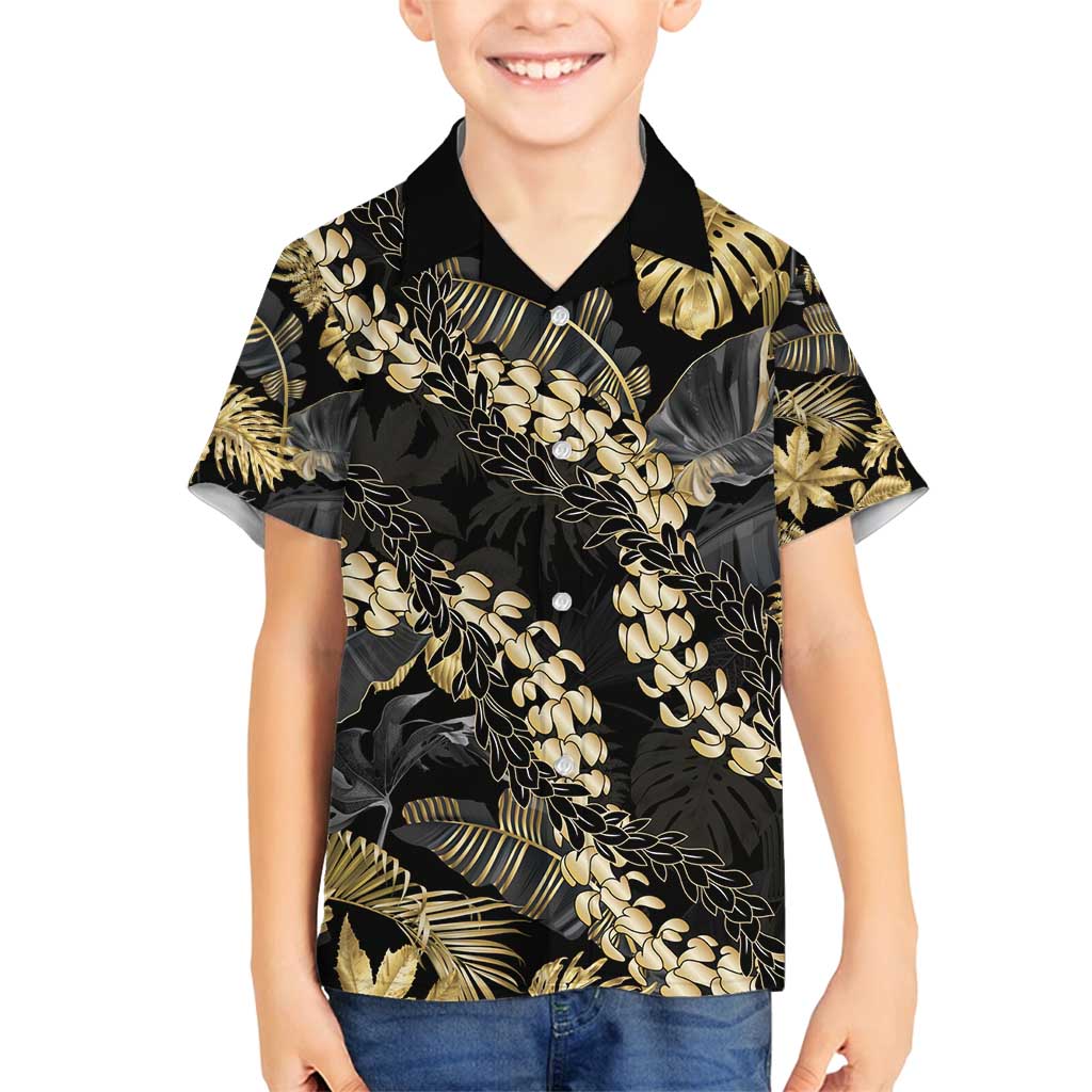 Gold Tropical Leaves Hawaii Mikioi Lei Family Matching Summer Maxi Dress and Hawaiian Shirt Luxury Stylized - Polynesian Pride