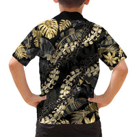 Gold Tropical Leaves Hawaii Mikioi Lei Family Matching Tank Maxi Dress and Hawaiian Shirt Luxury Stylized - Polynesian Pride