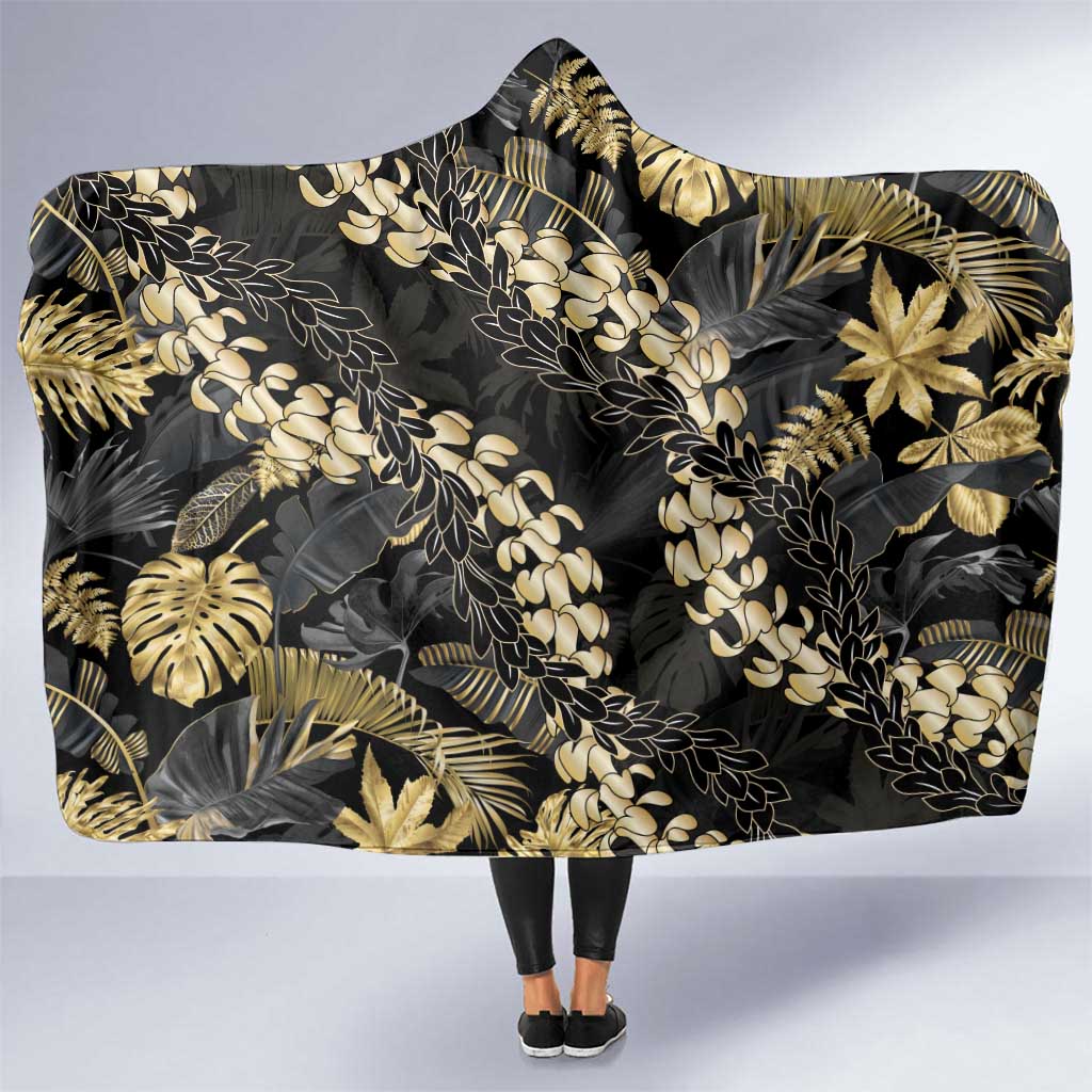 Gold Tropical Leaves Hawaii Mikioi Lei Hooded Blanket Luxury Stylized - Polynesian Pride