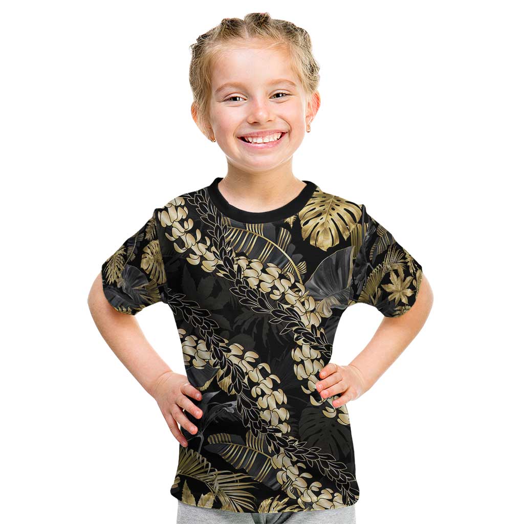 Gold Tropical Leaves Hawaii Mikioi Lei Kid T Shirt Luxury Stylized - Polynesian Pride