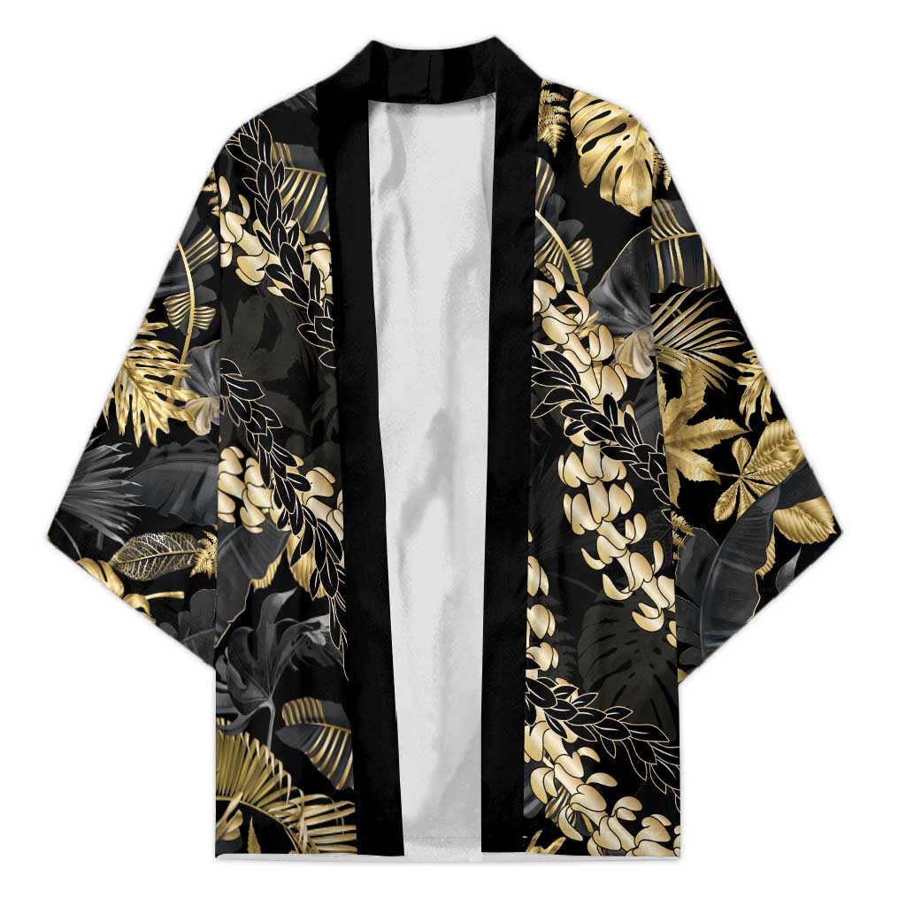 Gold Tropical Leaves Hawaii Mikioi Lei Kimono Luxury Stylized - Polynesian Pride