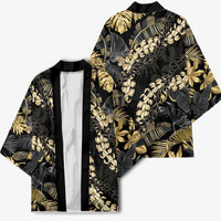 Gold Tropical Leaves Hawaii Mikioi Lei Kimono Luxury Stylized - Polynesian Pride
