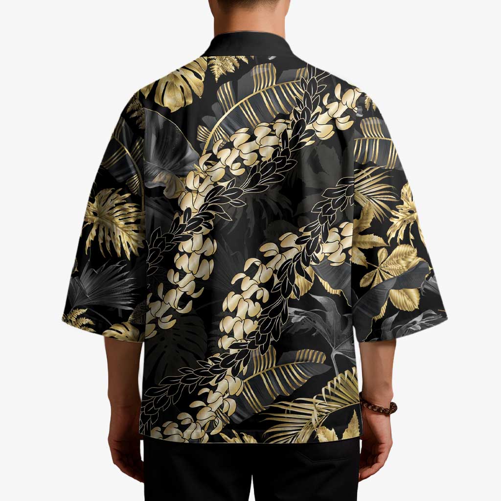 Gold Tropical Leaves Hawaii Mikioi Lei Kimono Luxury Stylized - Polynesian Pride