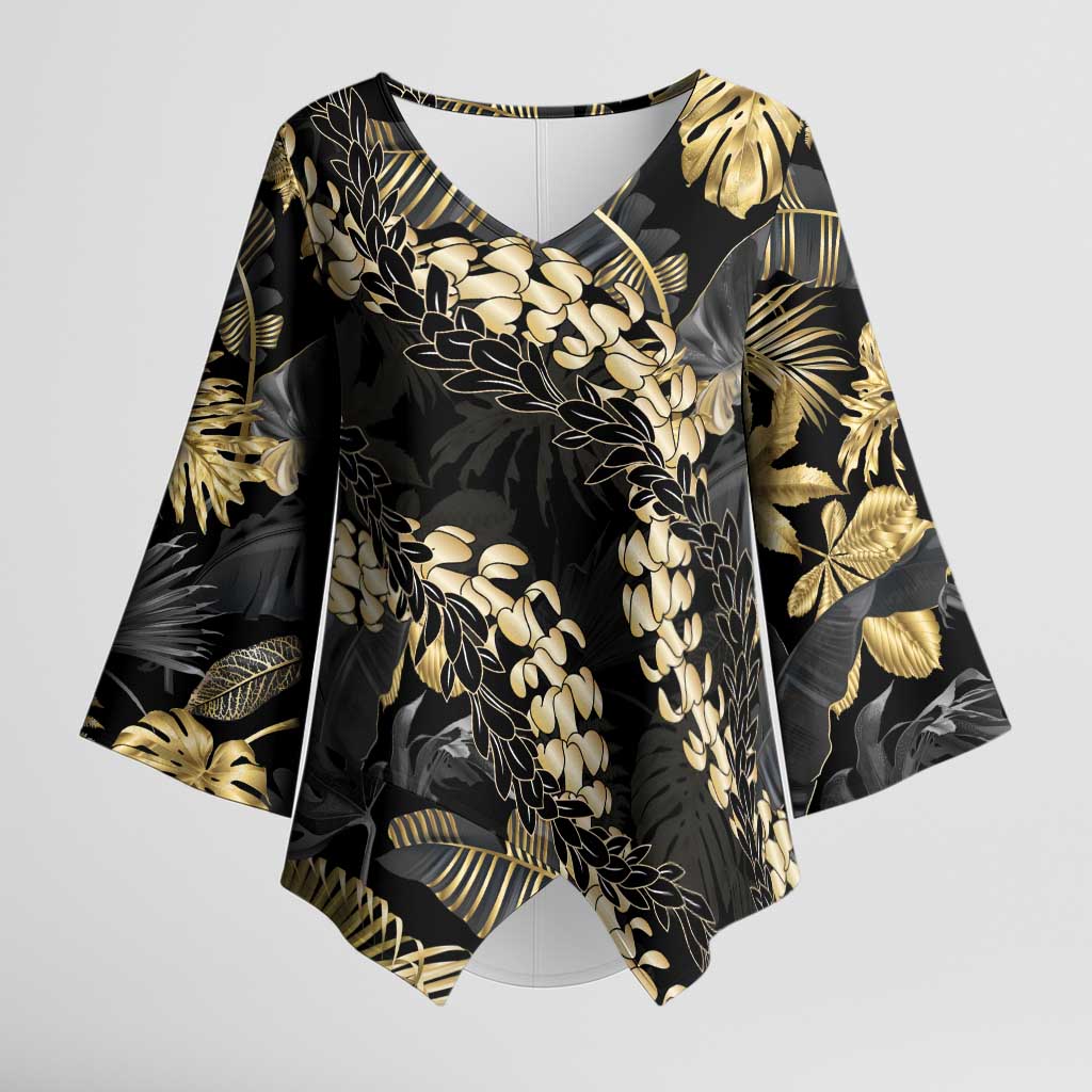 Gold Tropical Leaves Hawaii Mikioi Lei Kimono Sleeve Blouse Luxury Stylized - Polynesian Pride
