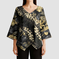 Gold Tropical Leaves Hawaii Mikioi Lei Kimono Sleeve Blouse Luxury Stylized - Polynesian Pride