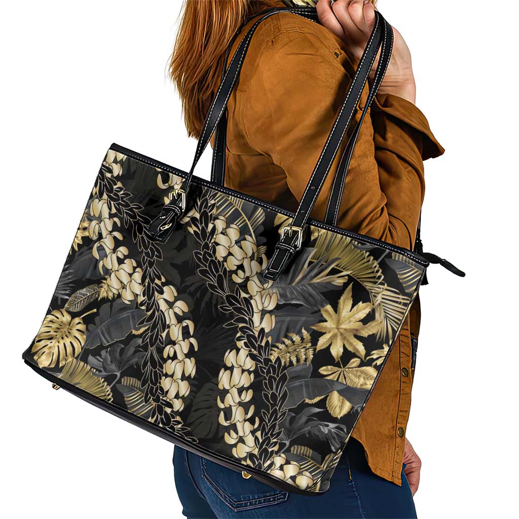 Gold Tropical Leaves Hawaii Mikioi Lei Leather Tote Bag Luxury Stylized - Polynesian Pride
