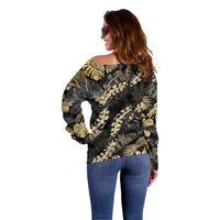Gold Tropical Leaves Hawaii Mikioi Lei Off Shoulder Sweater Luxury Stylized - Polynesian Pride