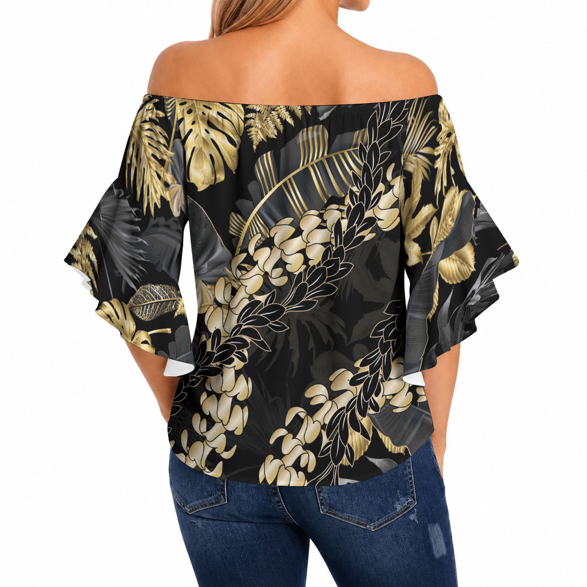 Gold Tropical Leaves Hawaii Mikioi Lei Off Shoulder Wrap Waist Top Luxury Stylized LT01 - Polynesian Pride