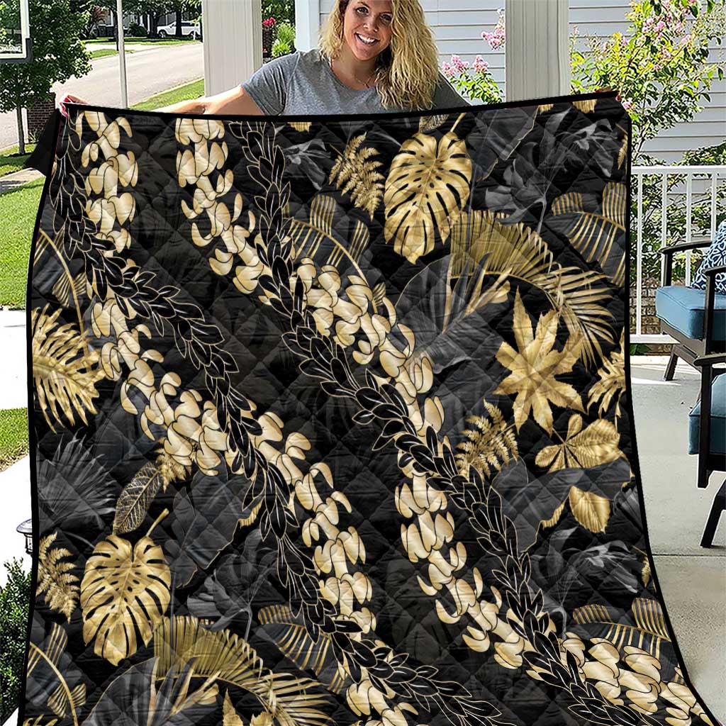 Gold Tropical Leaves Hawaii Mikioi Lei Quilt Luxury Stylized - Polynesian Pride