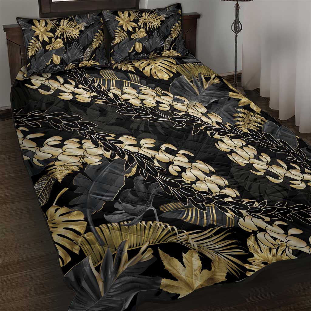 Gold Tropical Leaves Hawaii Mikioi Lei Quilt Bed Set Luxury Stylized - Polynesian Pride