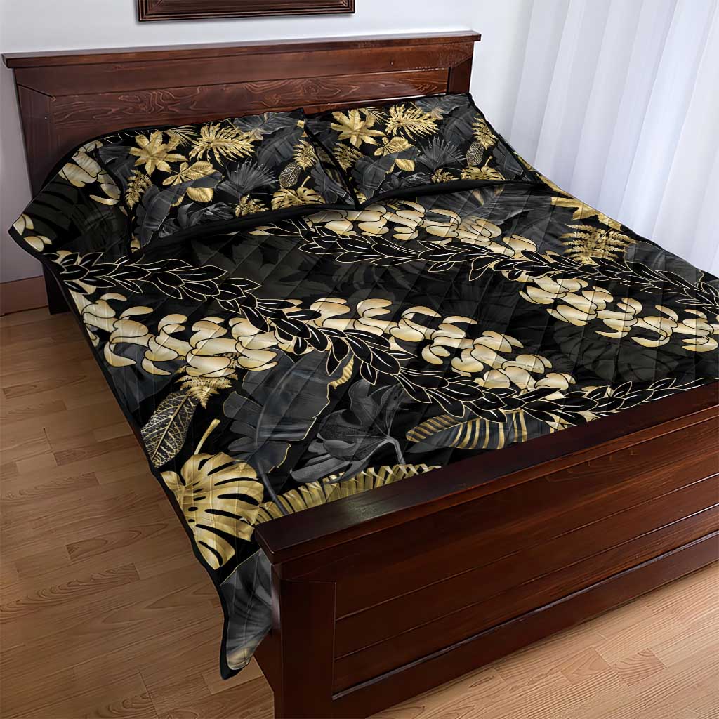 Gold Tropical Leaves Hawaii Mikioi Lei Quilt Bed Set Luxury Stylized - Polynesian Pride