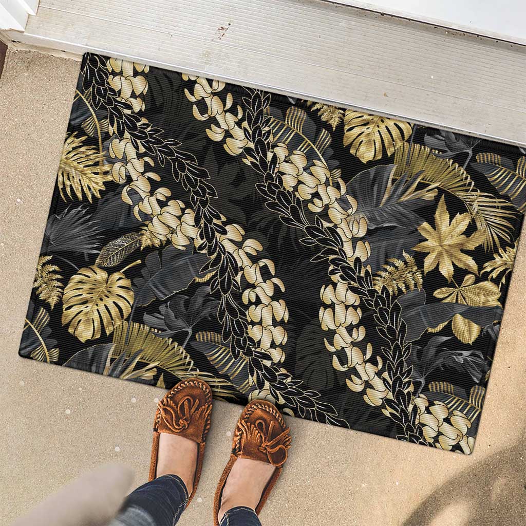 Gold Tropical Leaves Hawaii Mikioi Lei Rubber Doormat Luxury Stylized - Polynesian Pride