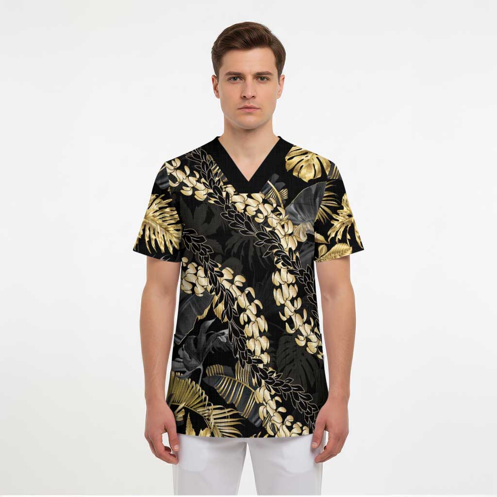 Gold Tropical Leaves Hawaii Mikioi Lei Scrub Top Luxury Stylized - Polynesian Pride