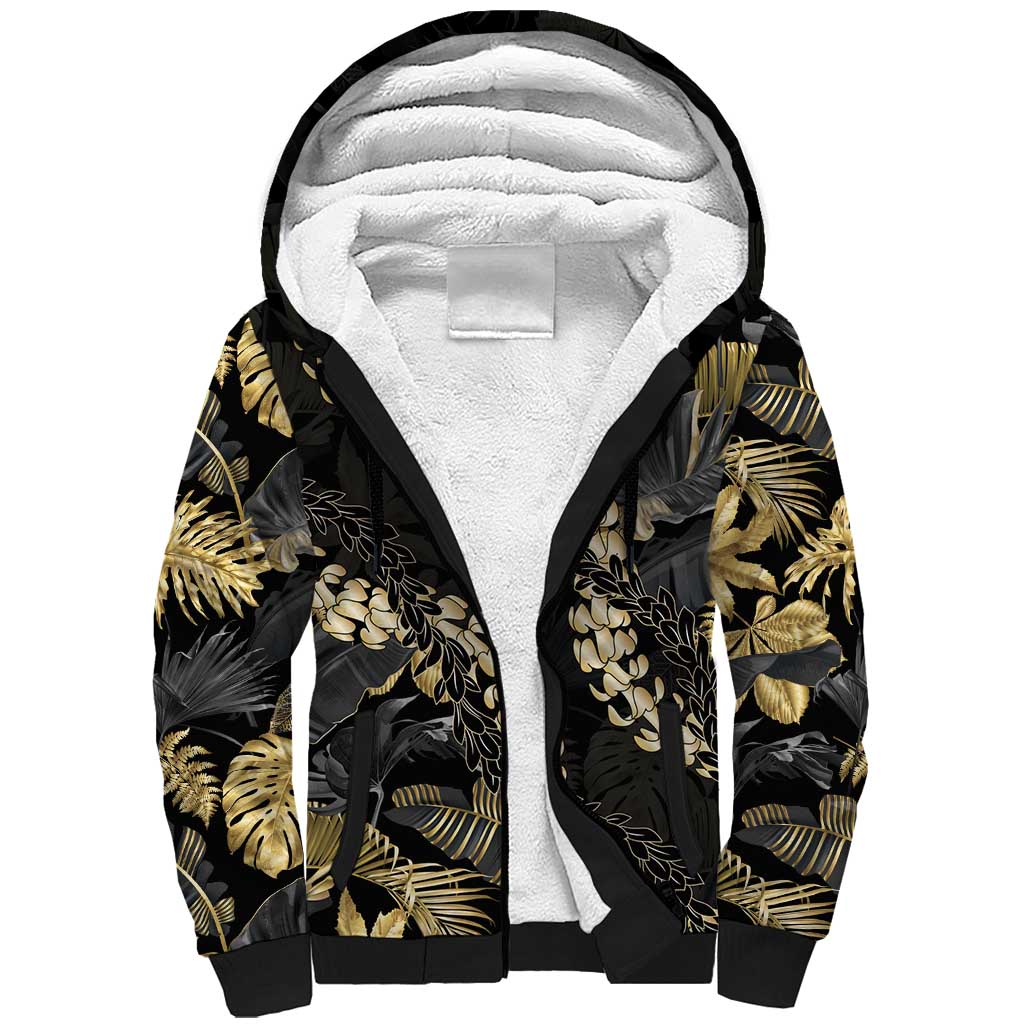 Gold Tropical Leaves Hawaii Mikioi Lei Sherpa Hoodie Luxury Stylized - Polynesian Pride