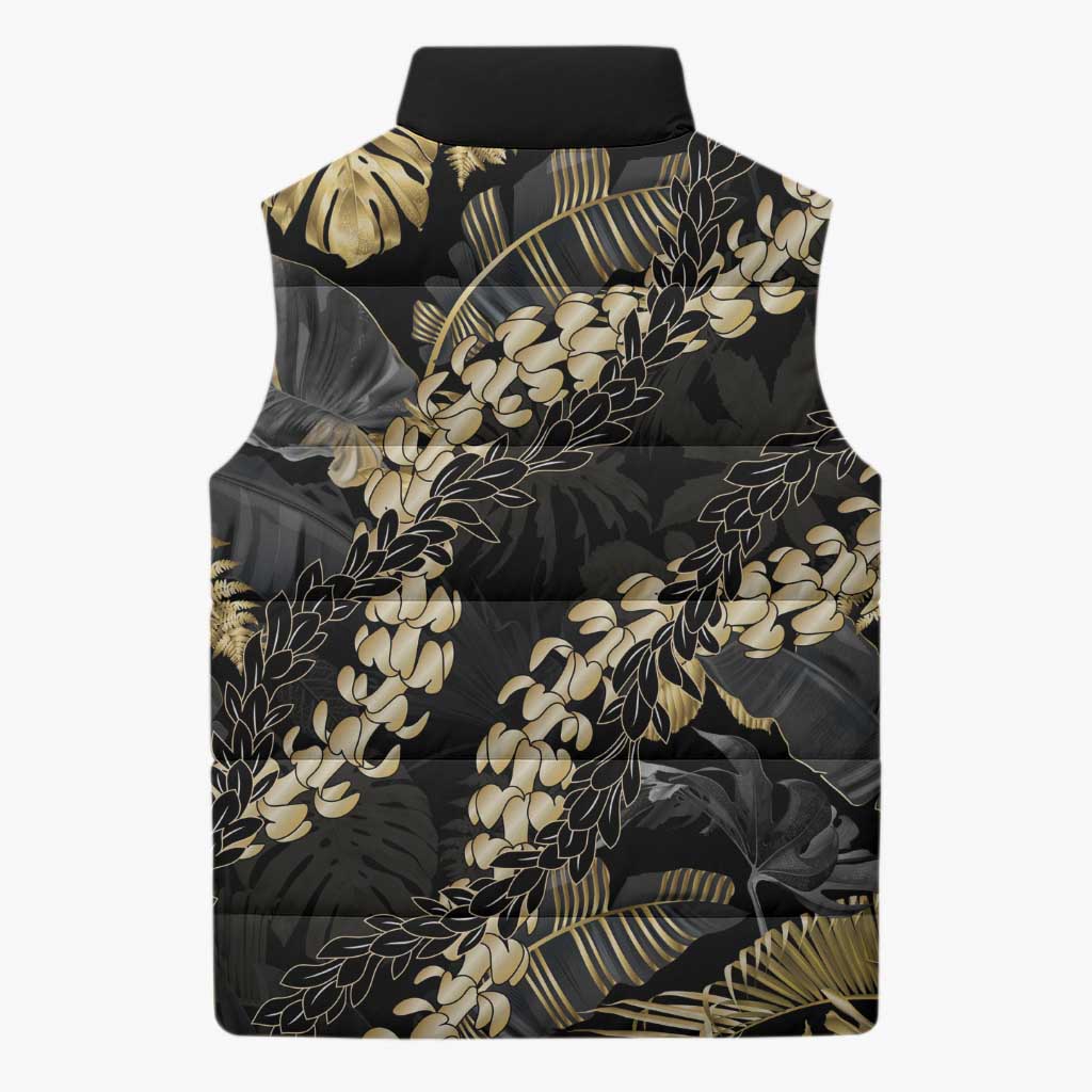 Gold Tropical Leaves Hawaii Mikioi Lei Sleeveless Puffer Jacket Luxury Stylized - Polynesian Pride