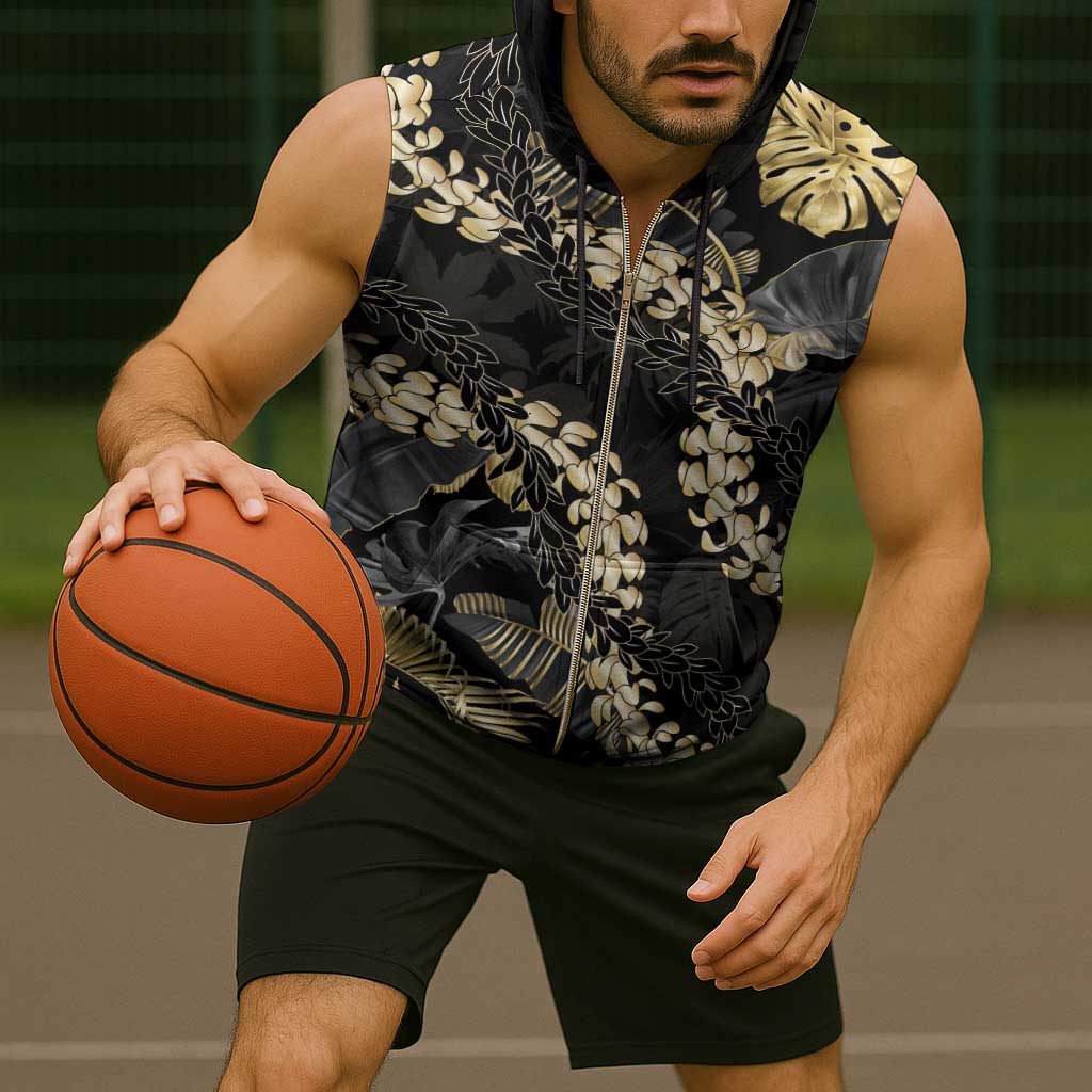 Gold Tropical Leaves Hawaii Mikioi Lei Sleeveless Zip Hoodie Luxury Stylized - Polynesian Pride