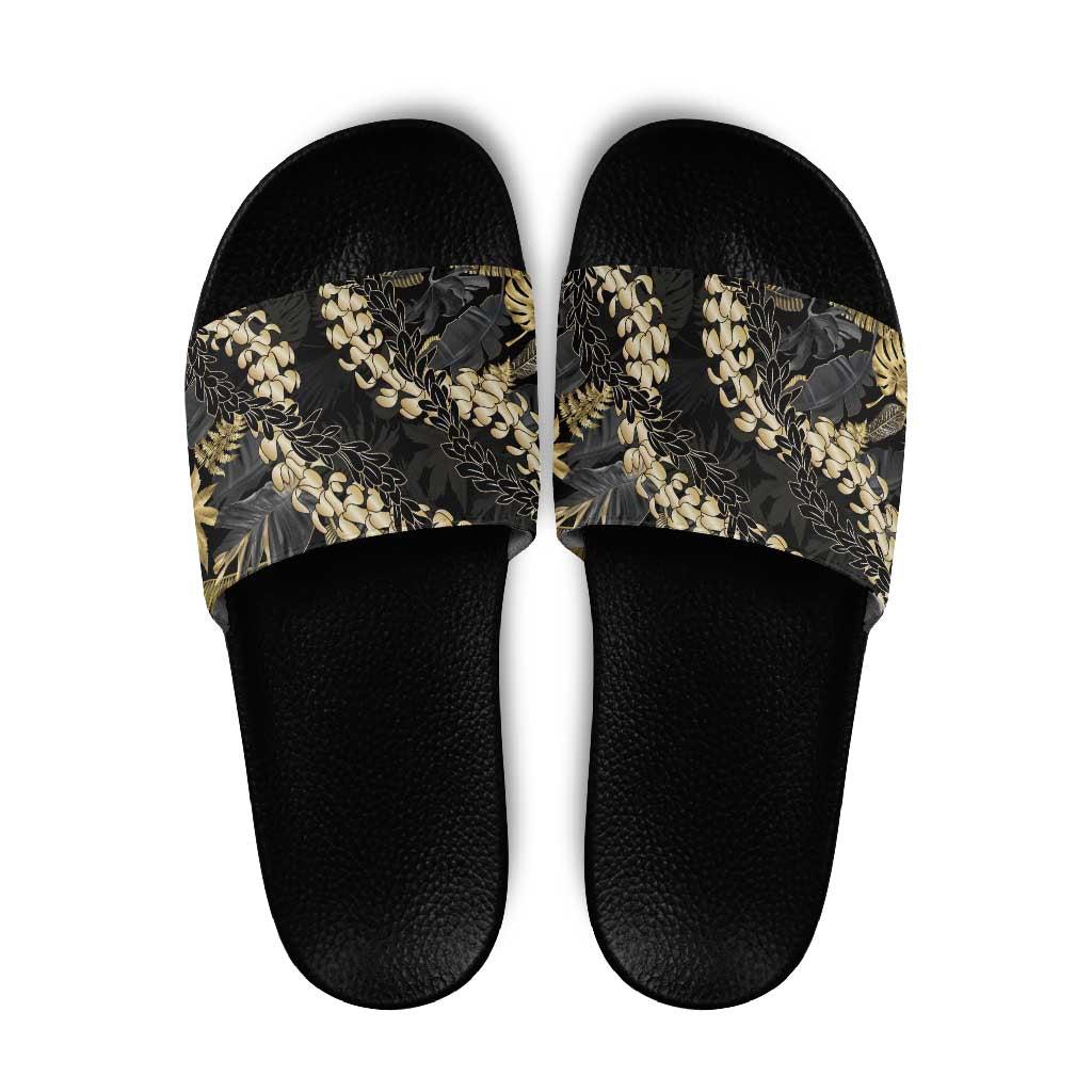 Gold Tropical Leaves Hawaii Mikioi Lei Slide Sandals Luxury Stylized - Polynesian Pride