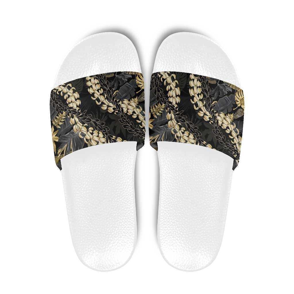 Gold Tropical Leaves Hawaii Mikioi Lei Slide Sandals Luxury Stylized - Polynesian Pride