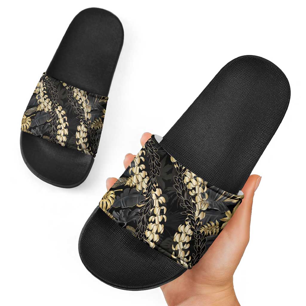 Gold Tropical Leaves Hawaii Mikioi Lei Slide Sandals Luxury Stylized - Polynesian Pride