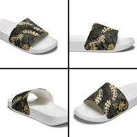 Gold Tropical Leaves Hawaii Mikioi Lei Slide Sandals Luxury Stylized - Polynesian Pride