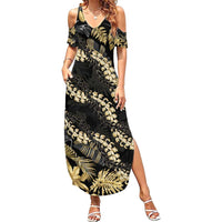 Gold Tropical Leaves Hawaii Mikioi Lei Summer Maxi Dress Luxury Stylized - Polynesian Pride