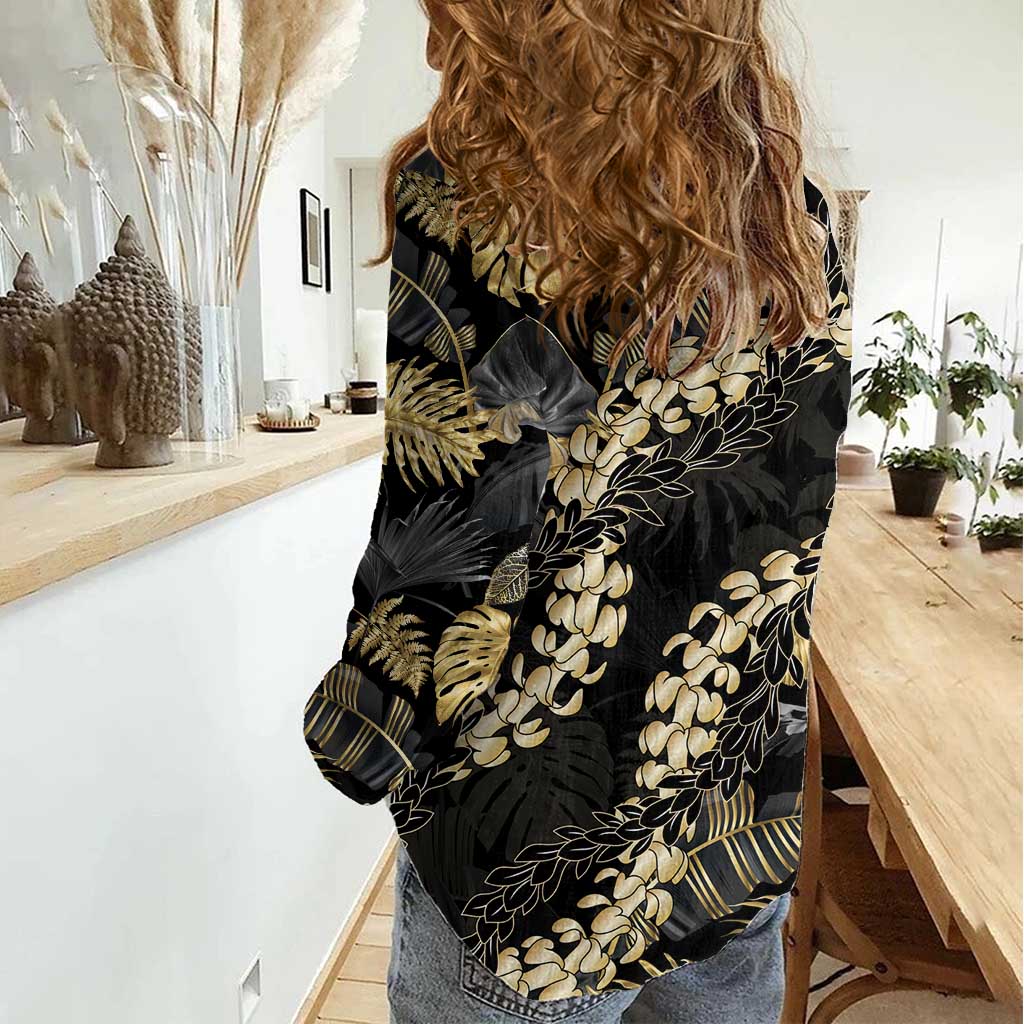 Gold Tropical Leaves Hawaii Mikioi Lei Women Casual Shirt Luxury Stylized - Polynesian Pride