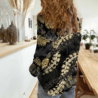 Gold Tropical Leaves Hawaii Mikioi Lei Women Casual Shirt Luxury Stylized - Polynesian Pride