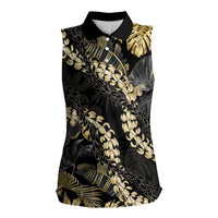 Gold Tropical Leaves Hawaii Mikioi Lei Women Sleeveless Polo Shirt Luxury Stylized - Polynesian Pride