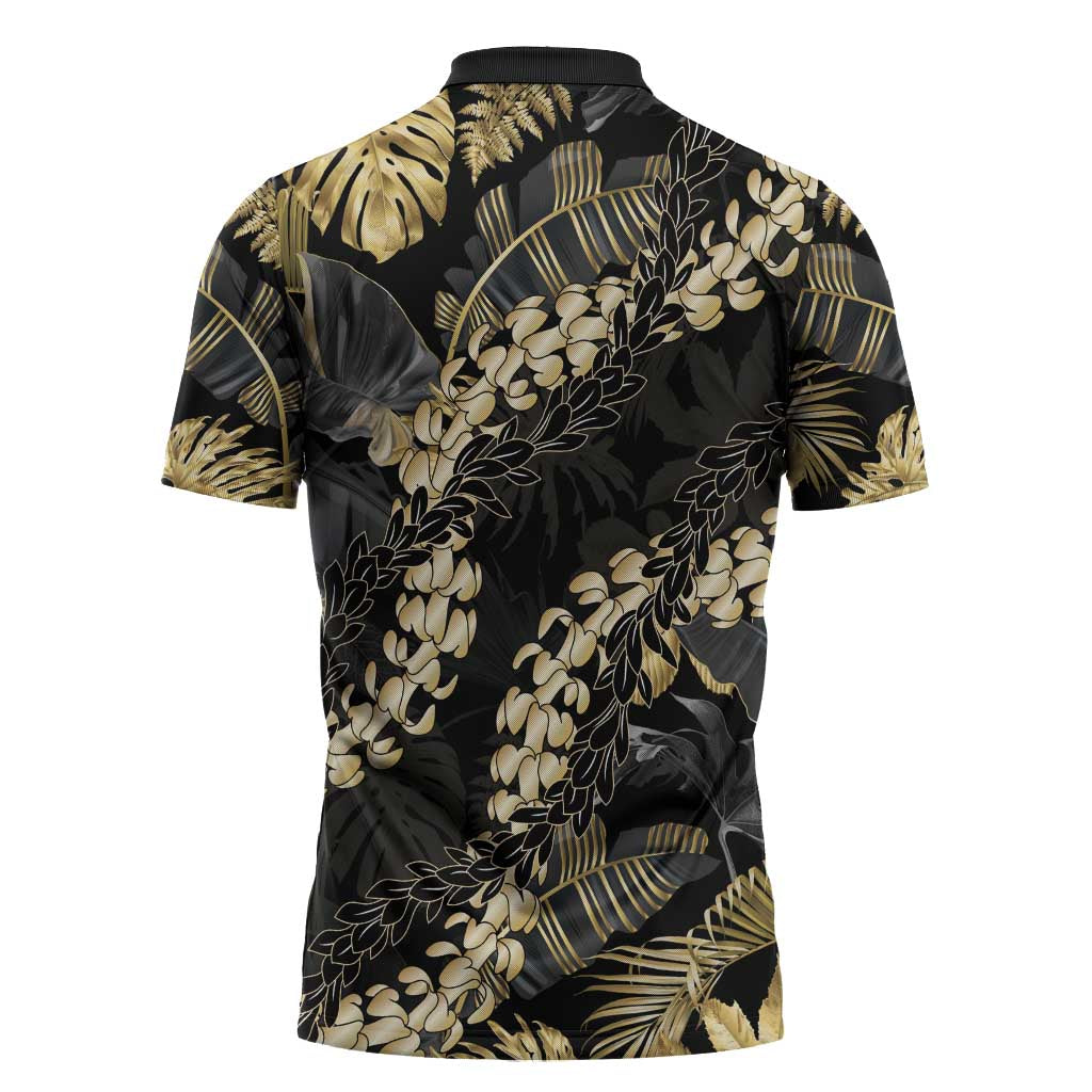 Gold Tropical Leaves Hawaii Mikioi Lei Zipper Polo Shirt Luxury Stylized - Polynesian Pride