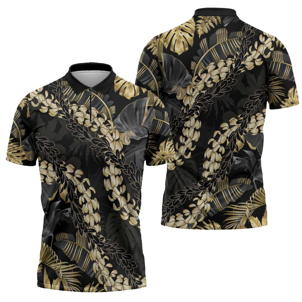 Gold Tropical Leaves Hawaii Mikioi Lei Zipper Polo Shirt Luxury Stylized - Polynesian Pride
