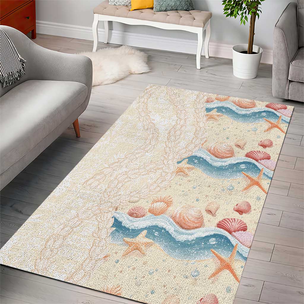 Beige Hawaii Lei Seashells Starfish Area Rug Sandy Sylized - Polynesian Pride
